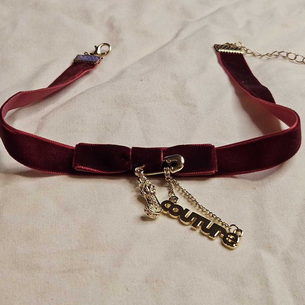 J Couture Red Velvet Choker Necklace with Gold Charm 11 Inches With Extension